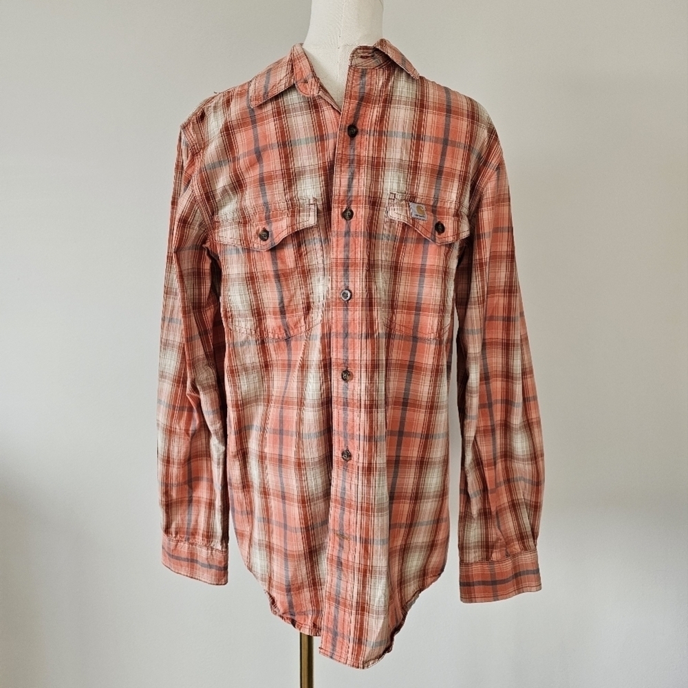 Men's Carhartt S Plaid Shirt - Orange and White Button Up Long Sleeve